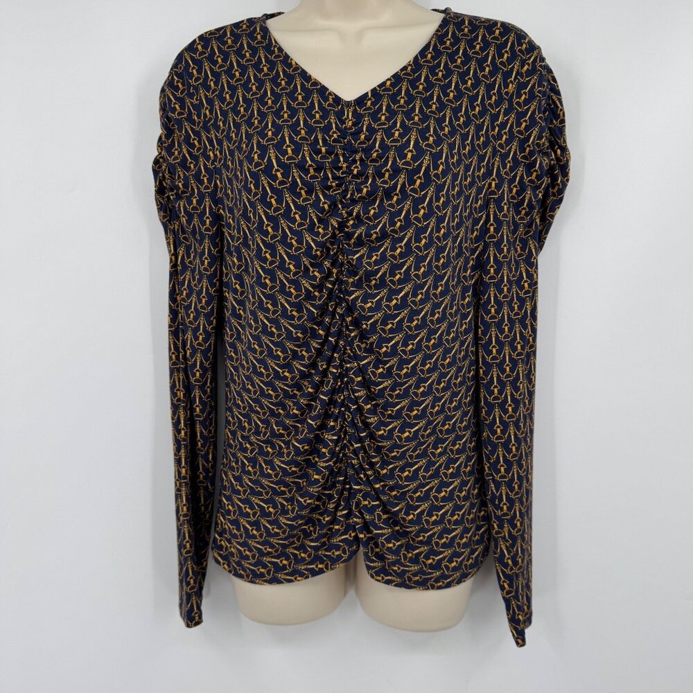 VERONICA BEARD Neeta Tack Print Ruched Top In Navy Multi Equestrian style woman’